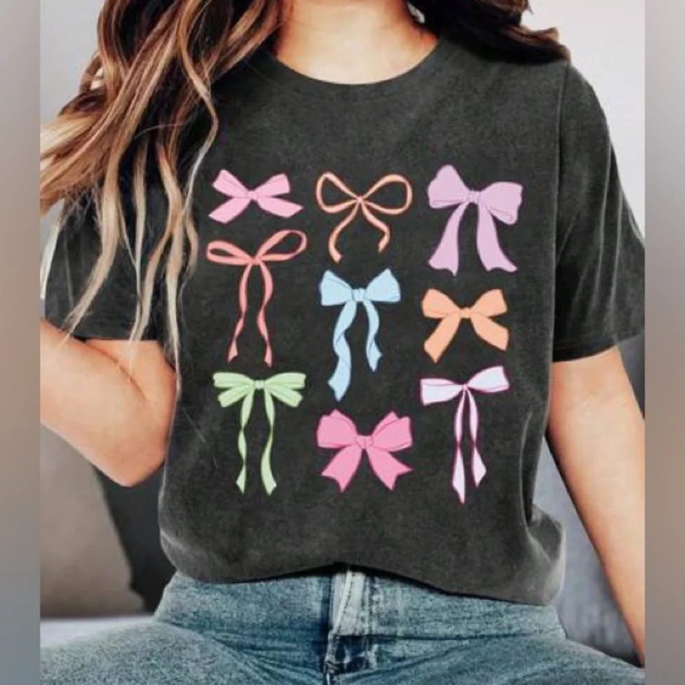 Gray Bow Tee with Colorful Bow Graphics Women’s Graphic Tee